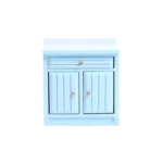 Sky blue miniature kitchen cabinet with white top, featuring a horizontal drawer and double doors with vertical grooved panels, perfect for coastal dollhouse themes.