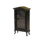 Miniature dollhouse display cabinet in classic black featuring curved crown top, glass door with brass knob, three interior shelves, and elegant Queen Anne legs, perfect for 1:12 scale dollhouse furniture.