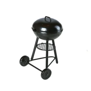 Classic black miniature kettle barbecue grill with wheels, round lid, mesh grate shelf, and tripod stand design for dollhouse garden or patio.