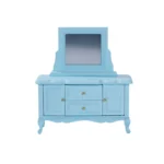 Miniature dollhouse dressing table in pastel blue featuring a square mirror, two drawers with gold knobs, two side cabinets, and curved legs in classic style.