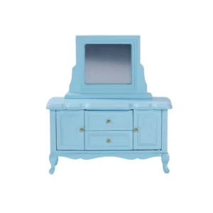 Miniature dollhouse dressing table in pastel blue featuring a square mirror, two drawers with gold knobs, two side cabinets, and curved legs in classic style.