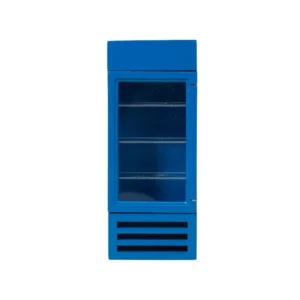 Modern bright blue commercial display refrigerator with clear acrylic door panel, multiple transparent shelves, and ventilation slots at the bottom.