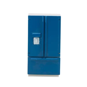 Modern French door refrigerator in bright blue with white top, featuring water dispenser, double door design with interior door storage, and bottom freezer drawer. Interior shows multiple white shelves and blue door compartments.