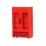 Modern bright red commercial refrigerator with double acrylic doors, black handles, four interior shelves, and four horizontal ventilation slots at base.