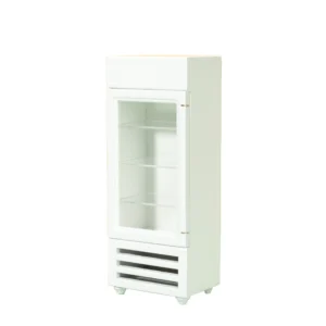 Modern bright yellow commercial refrigerator with double acrylic doors, black handles, four interior shelves, and three horizontal ventilation slots at base