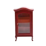 Miniature dollhouse display cabinet in rich burgundy red featuring curved crown top, glass door with brass knob, three interior shelves, and elegant Queen Anne legs, perfect for 1:12 scale dollhouse furniture.