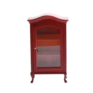 Miniature dollhouse display cabinet in rich burgundy red featuring curved crown top, glass door with brass knob, three interior shelves, and elegant Queen Anne legs, perfect for 1:12 scale dollhouse furniture.