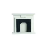 Miniature dollhouse fireplace featuring a warm ivory painted wooden mantel with simple molding details and a black insert with vertical grooved pattern interior.