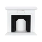 Miniature dollhouse fireplace featuring a clean white painted wooden mantel with simple molding details and a black insert with textured brick pattern interior.