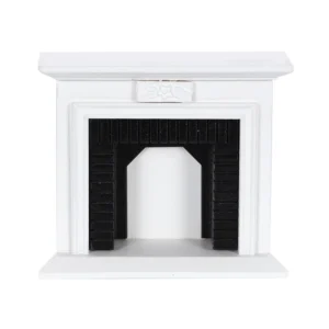 Miniature dollhouse fireplace featuring a clean white painted wooden mantel with simple molding details and a black insert with textured brick pattern interior.