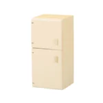 Classic cream colored refrigerator with dual doors, upper freezer compartment, and lower fridge section featuring built-in bottle storage and adjustable shelving.