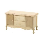 Elegant unfinished wood sideboard featuring curved top edge, two central drawers, double cabinet doors, and Queen Anne style legs in natural wood finish.