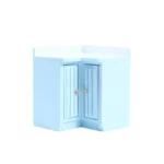 Miniature L-shaped corner cabinet in ice blue featuring folding double doors with vertical panels and natural wood knobs, designed for space-efficient dollhouse storage.