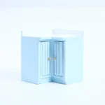 Miniature L-shaped corner cabinet in ice blue featuring folding double doors with vertical panels and natural wood knobs, designed for space-efficient dollhouse storage.