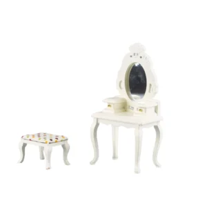 Miniature dollhouse furniture set featuring an ivory white dressing table with ornate oval mirror, decorative carvings, curved legs, and matching stool with colorful polka dot fabric cushion.