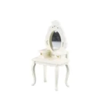 Miniature dollhouse dressing table in ivory white featuring an ornate oval mirror, two small side drawers with gold knobs, and elegant curved cabriole legs in Victorian style.