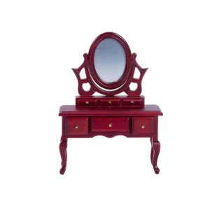 Miniature dollhouse vanity table in rich mahogany red featuring a decorative oval tilting mirror, six drawers with brass knobs, and elegant curved cabriole legs in Victorian style.