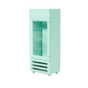 Modern mint green commercial display refrigerator with clear acrylic door panel, three transparent shelves, and triple ventilation slots at the bottom.