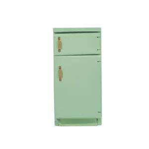 Vintage-style mint green double-door refrigerator with top freezer compartment, featuring brass handles and multiple interior shelves for dollhouse kitchen.