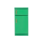 Vintage-style mint green double-door refrigerator with top freezer compartment, featuring brass handles and multiple interior shelves for dollhouse kitchen.