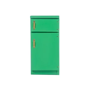 Vintage-style mint green double-door refrigerator with top freezer compartment, featuring brass handles and multiple interior shelves for dollhouse kitchen.