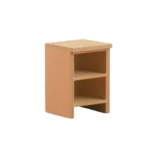 Miniature dollhouse natural wood bedside table featuring two open shelves, clean modern lines, and unfinished wood finish, perfect for 1:12 scale dollhouse bedroom furniture.