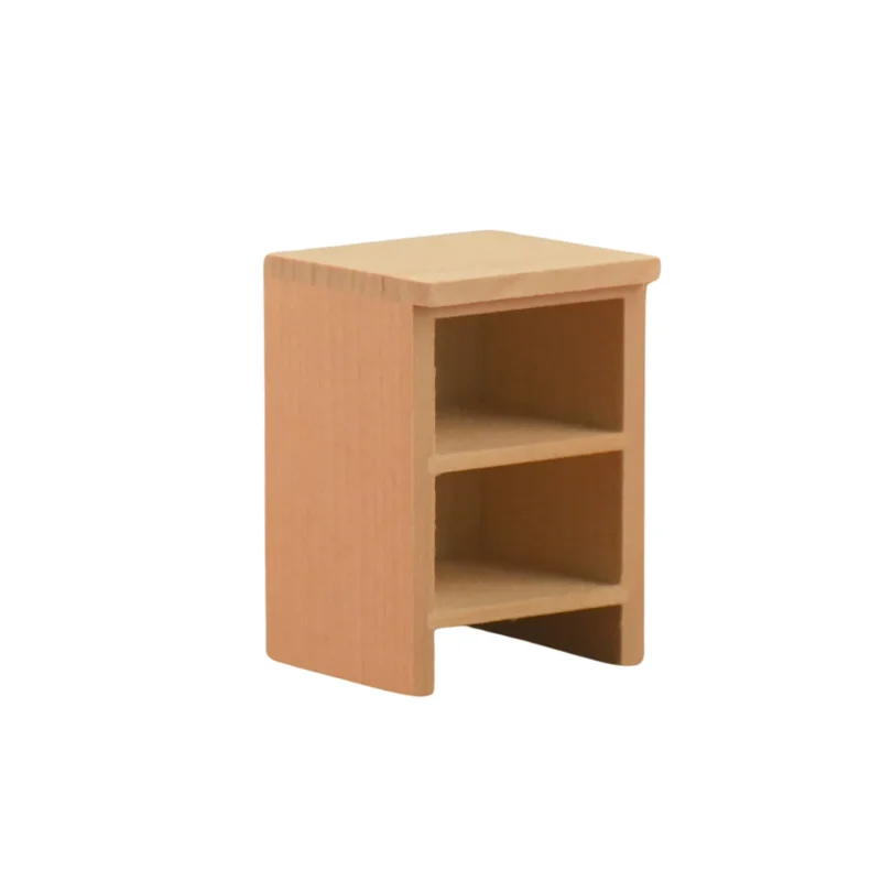 Miniature dollhouse natural wood bedside table featuring two open shelves, clean modern lines, and unfinished wood finish, perfect for 1:12 scale dollhouse bedroom furniture.