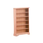 Miniature dollhouse natural wood bookcase featuring six adjustable shelves with classic paneled backing, crown molding top and traditional base, perfect for 1:12 scale dollhouse furniture collection.