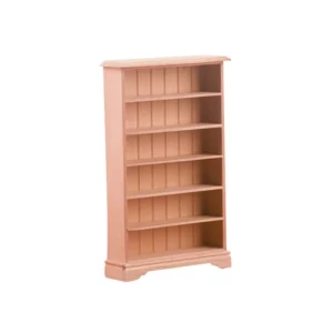 Miniature dollhouse natural wood bookcase featuring six adjustable shelves with classic paneled backing, crown molding top and traditional base, perfect for 1:12 scale dollhouse furniture collection.