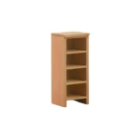 Miniature dollhouse natural wood bookshelf featuring five open shelves, clean modern design, and light wood finish, perfect for 1:12 scale dollhouse storage and display furniture.