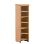 Miniature dollhouse natural wood tall bookshelf featuring six open shelves, modern minimalist design, and unfinished wood finish, perfect for 1:12 scale dollhouse storage and display furniture.