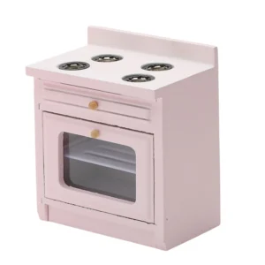 Dollhouse miniature pink stove featuring four metal burners on top, a glass-front oven door, and natural wood knobs, perfect for creating charming kitchen scenes.