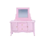 Miniature dollhouse dressing table in soft pink featuring adjustable mirror, two drawers with gold knobs, two side cabinets, and curved legs in romantic princess style.