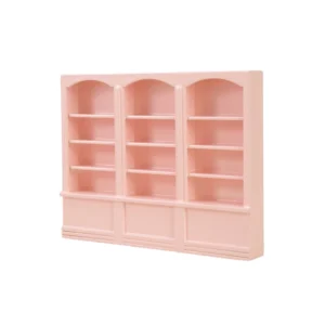 Miniature dollhouse triple bookcase in soft pink featuring three matching sections, each with arched top design and four adjustable shelves, plus decorative base panels, perfect for 1:12 scale dollhouse wall unit.