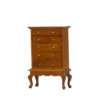 Elegant miniature Queen Anne style walnut highboy chest featuring five drawers with brass knobs, crown molding top, scalloped apron, and graceful cabriole legs, perfect for 1:12 scale dollhouse bedroom furniture.