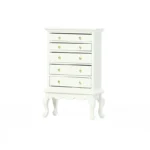 Elegant miniature Queen Anne style white jewelry chest with five drawers, gold knobs, crown molding top and graceful cabriole legs, designed as 1:12 scale dollhouse bedroom furniture.