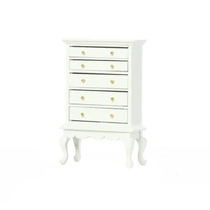 Elegant miniature Queen Anne style white jewelry chest with five drawers, gold knobs, crown molding top and graceful cabriole legs, designed as 1:12 scale dollhouse bedroom furniture.