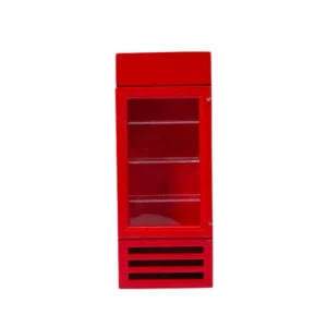 Modern bright red commercial display refrigerator with clear acrylic door panel, four transparent shelves, and horizontal ventilation slots at the bottom.