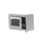 Modern silver-finish microwave oven with digital LED display showing 10:24, black control panel featuring numeric keypad and viewing window for dollhouse kitchen.