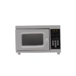 Modern silver-finish microwave oven with digital LED display showing 10:24, black control panel featuring numeric keypad and viewing window for dollhouse kitchen.