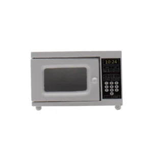 Modern silver-finish microwave oven with digital LED display showing 10:24, black control panel featuring numeric keypad and viewing window for dollhouse kitchen.