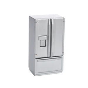 Modern silver-finish French door refrigerator featuring water dispenser, dual top doors, and bottom freezer drawer in dollhouse scale.