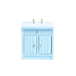 Miniature sky blue bathroom vanity cabinet featuring a modern sink with gold-tone dual faucets, one drawer, and double doors with vertical grooves, perfect for classic dollhouse bathrooms.