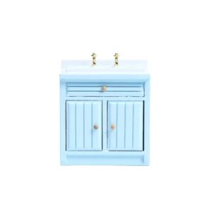 Miniature sky blue bathroom vanity cabinet featuring a modern sink with gold-tone dual faucets, one drawer, and double doors with vertical grooves, perfect for classic dollhouse bathrooms.