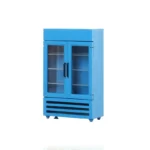 Modern sky blue commercial refrigerator with double acrylic doors, black handles, four interior shelves, and three horizontal ventilation slots at base.