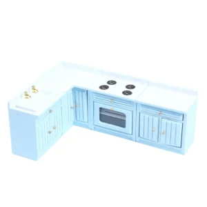 Four-piece dollhouse kitchen set in sky blue featuring an L-shaped design with sink unit, corner cabinet, stove unit with four burners, and end cabinet, all with vertical panel doors and gold accents.