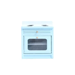 Dollhouse miniature sky blue stove featuring four metal burners on top, a glass-front oven door, and wooden knobs, perfect for coastal-style dollhouse kitchens.