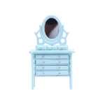 Miniature dollhouse dresser in pastel sky blue featuring an adjustable oval mirror, four drawers with gold knobs, and delicate turned legs in Victorian style.