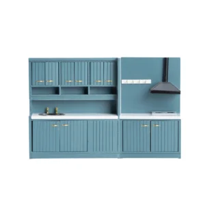 Miniature kitchen cabinet set in teal featuring upper and lower cabinets with vertical grooved panels, built-in sink, range hood, and gold hardware for dollhouse kitchens.