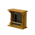 Miniature dollhouse fireplace in warm walnut finish featuring decorative turned columns, a black insert with metal grate, and classic wooden mantel shelf design.